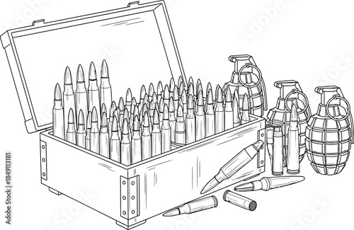 Black and white line art drawing of an open wooden ammunition box filled with rifle cartridges next to several fragmentation grenades