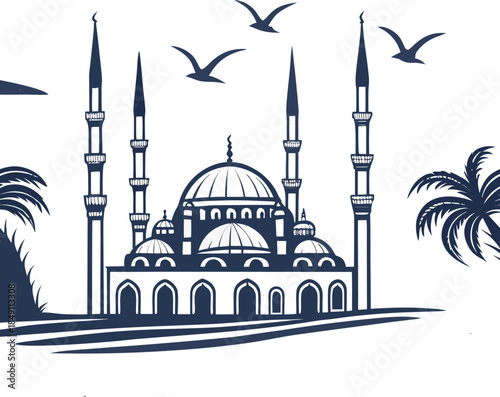 Islamic Mosque Line Art Illustration with Minarets, Palm Trees and Flying Birds