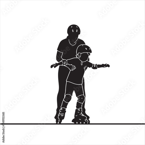 Learning to rollerblade: an adult patiently guiding a young child in protective gear isolated on white background, Vector