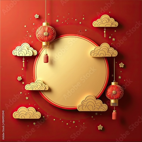 Luxury Chinese New Year Red Background with Golden Round Frame for Product Promotion and Copy Space