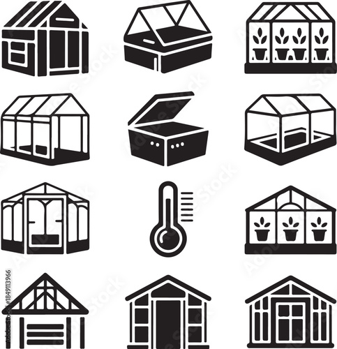 Greenhouse icon, plant nursery, glasshouse farming, agriculture building, temperature control, botanical garden, indoor cultivation, horticulture structure