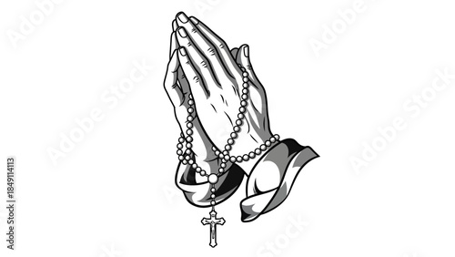 Praying hands with rosary beads and cross