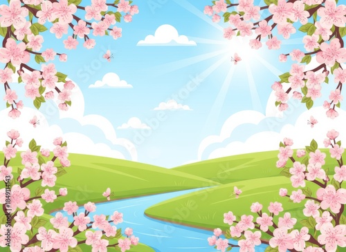 A vibrant spring landscape featuring a lush meadow of flowers and cherry blossoms under a blue sky with a cartoon sun, green grass, and fluttering butterflies in a seasonal nature illustration