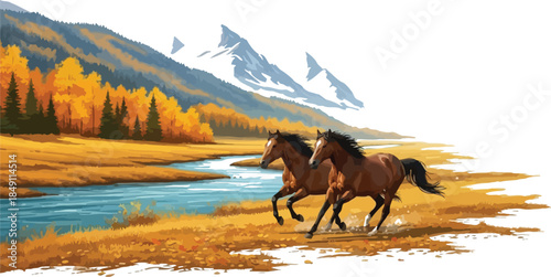 Two wild brown horses gallop freely across a golden autumn meadow beside a vibrant blue river with snowy mountains in the background