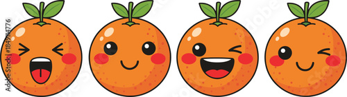 Cute orange fruit emoji faces set vector illustration with different expressions in flat cartoon style for stickers and kids designs