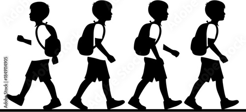 Minimalist black silhouette illustration of school boys with backpacks walking in a row, back to school education concept on white background. (21 words)