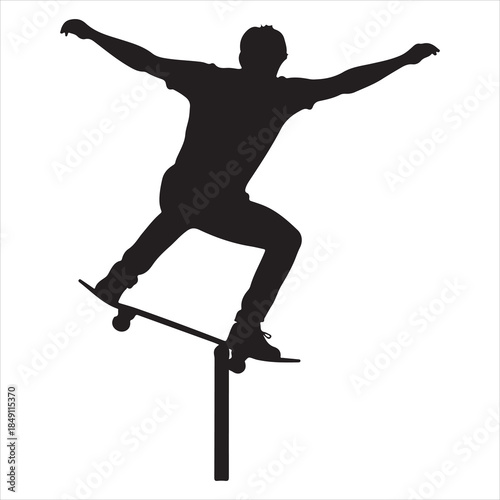 A person performing an impressive balance trick on a skateboard, captured in a striking silhouette isolated on white background, Vector