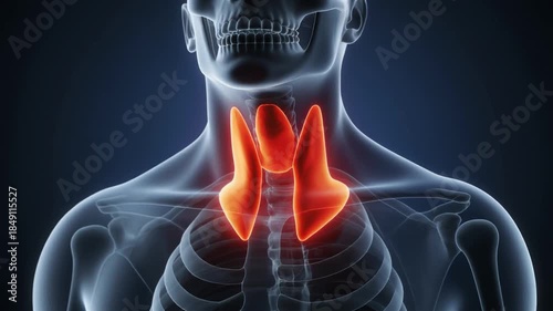 Anatomical illustration of the human thyroid gland highlighted in red within a transparent skeleton.