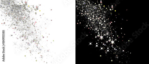 PNG image of Sparkling silver glitter and bokeh light particles cascade diagonally across a deep creating a festive and magical overlay effect on white background