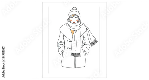 Charming illustration of a young woman bundled up warmly in a stylish winter coat hat and long white scarf enjoying the cold