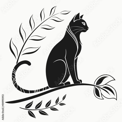 Cat perched on branch with leaves