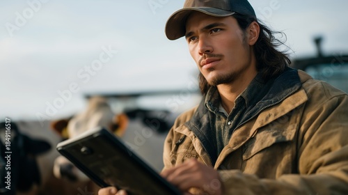 Agricultural workers tagging livestock with RFID ear markers, handheld readers tracking health records, grazing patterns, and herd movement across large farmlands. cinematic color correction,