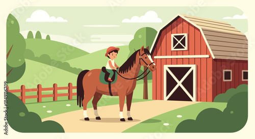 Illustration of a person riding a brown horse on a dirt path in front of a red barn with a green landscape and wooden fence.