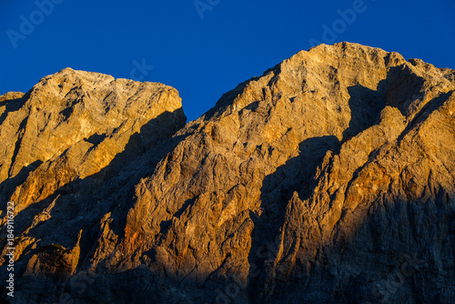 Scenic summer sunset landscape of Prokletije or Accursed Mountains in Northern Albania, Valbona Valley National Park, Europe	