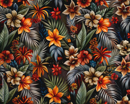 Seamless tropical floral pattern with vibrant exotic flowers and lush leaves.
