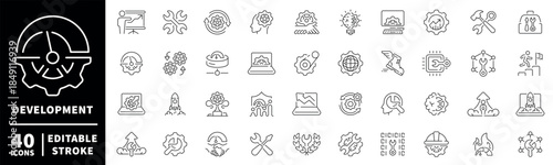 Development icons set: editable line icons for tools, technology, engineering