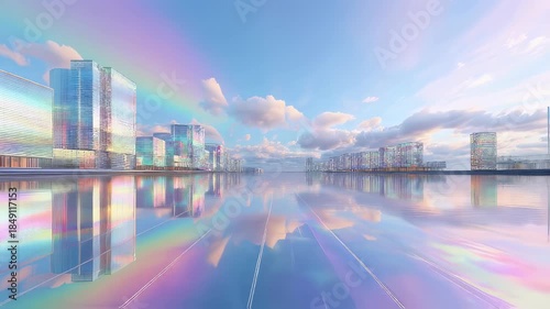 Dreamlike pastel landscape in pink and blue vaporwave colors with abstract futuristic buildings by the water and reflection