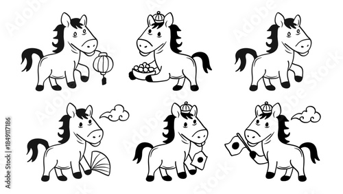 Cute Horse Cartoon Animal Chinese New Year Line Art Collection.Vector Illustration