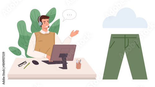 Man with computer and headset in video conference wearing formal top and casual bottoms. Ideal for remote work, virtual communication, humor, video calls, professionalism, casual lifestyles, hybrid