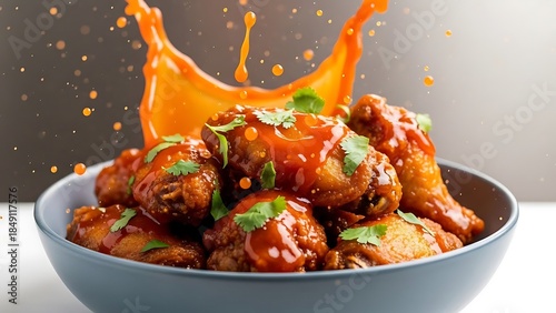 Delicious and crispy chicken wings being splashed with spicy orange hot sauce