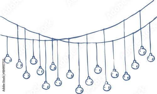 Hand drawn string lights garland in simple blue line art style. Minimal decorative vector illustration with hanging bulbs. Cozy, festive, boho lifestyle graphic.