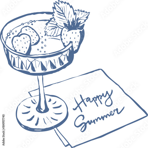 Hand drawn summer cocktail in simple blue line art style. Minimal drink vector illustration with strawberries and handwritten note on a napkin. Fresh, festive, coastal graphic.