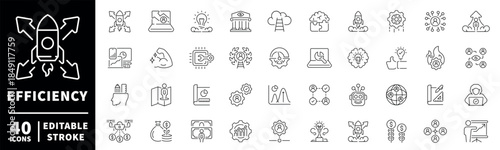 Efficiency icons set: editable line icons, linear workflow, productivity visuals