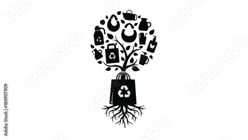 Eco friendly shopping bag with recycling symbol and tree growing out of it surrounded by sustainable living icons on white background