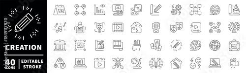 Creation vector icons. Editable line icons related to creativity, design, and media symbols