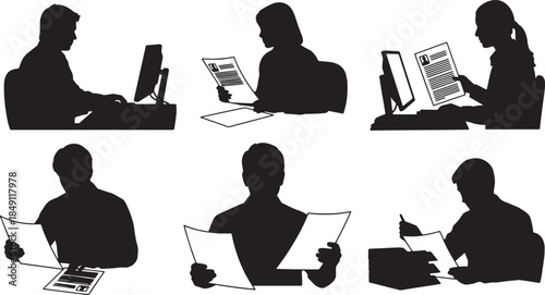 Black Solid HR Resume Processing Silhouettes Set of Six on White Background
