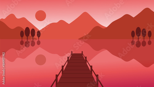 Nature Landscape Monochromatic Red Background with Mountains Lake and Pier.Vector Illustration