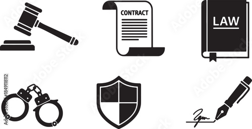 Black Solid Legal Financial Regulation Silhouettes Set of Six on White Background