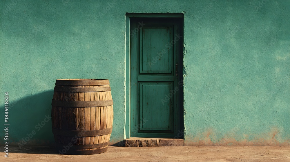 Obraz premium Rustic Wooden Barrel Beside An Old Green Door.