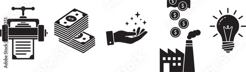 Black Solid Money Printing Creation Silhouettes Set of Six on White Background