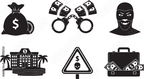 Black Solid Money Laundering Illegal Silhouettes Set of Six on White Background