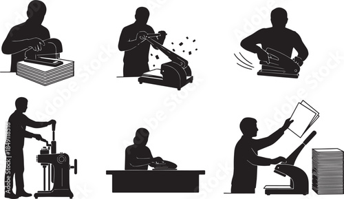 Black Solid Paper Punch Stapler Use Silhouettes Set of Six on White Background