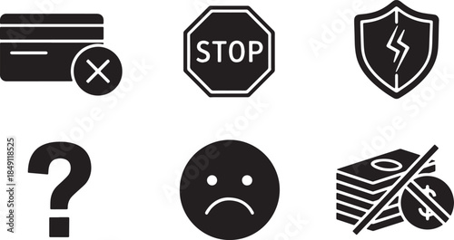 Black Solid Payment Error Failure Decline Silhouettes Set of Six on White Background