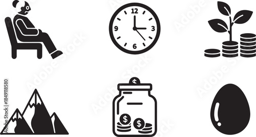 Black Solid Pension Retirement Fund Icon Silhouettes Set of Six on White Background