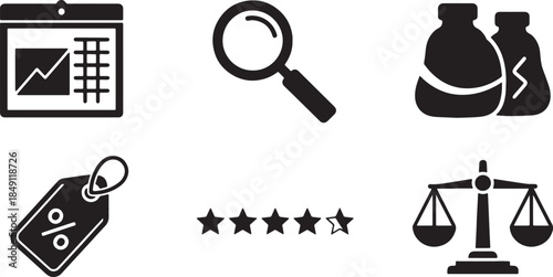 Black Solid Product Comparison and Selection Silhouettes Set of Six on White Background