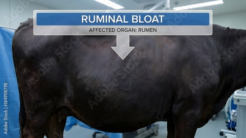 Veterinary pathology of ruminal bloat in a cow showing a distended abdomen and medical equipment in a clinic