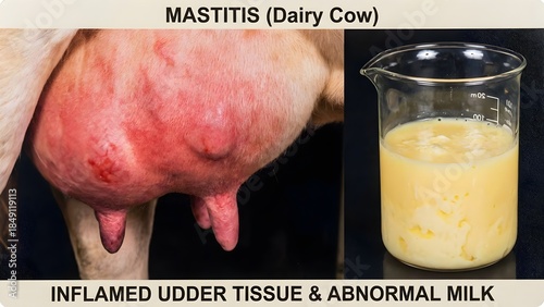Veterinary pathology image showing inflamed udder tissue of a dairy cow with mastitis alongside a beaker of abnormal milk
