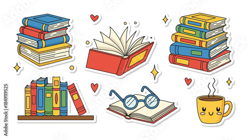 Colorful set of hand-drawn vector illustrations featuring various books, glasses, a bookshelf, and a coffee cup, ideal for education, reading, and cozy design projects
