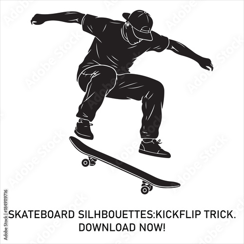 Dynamic silhouette of a skateboarder performing a stylish kickflip trick in action isolated on white background, Vector
