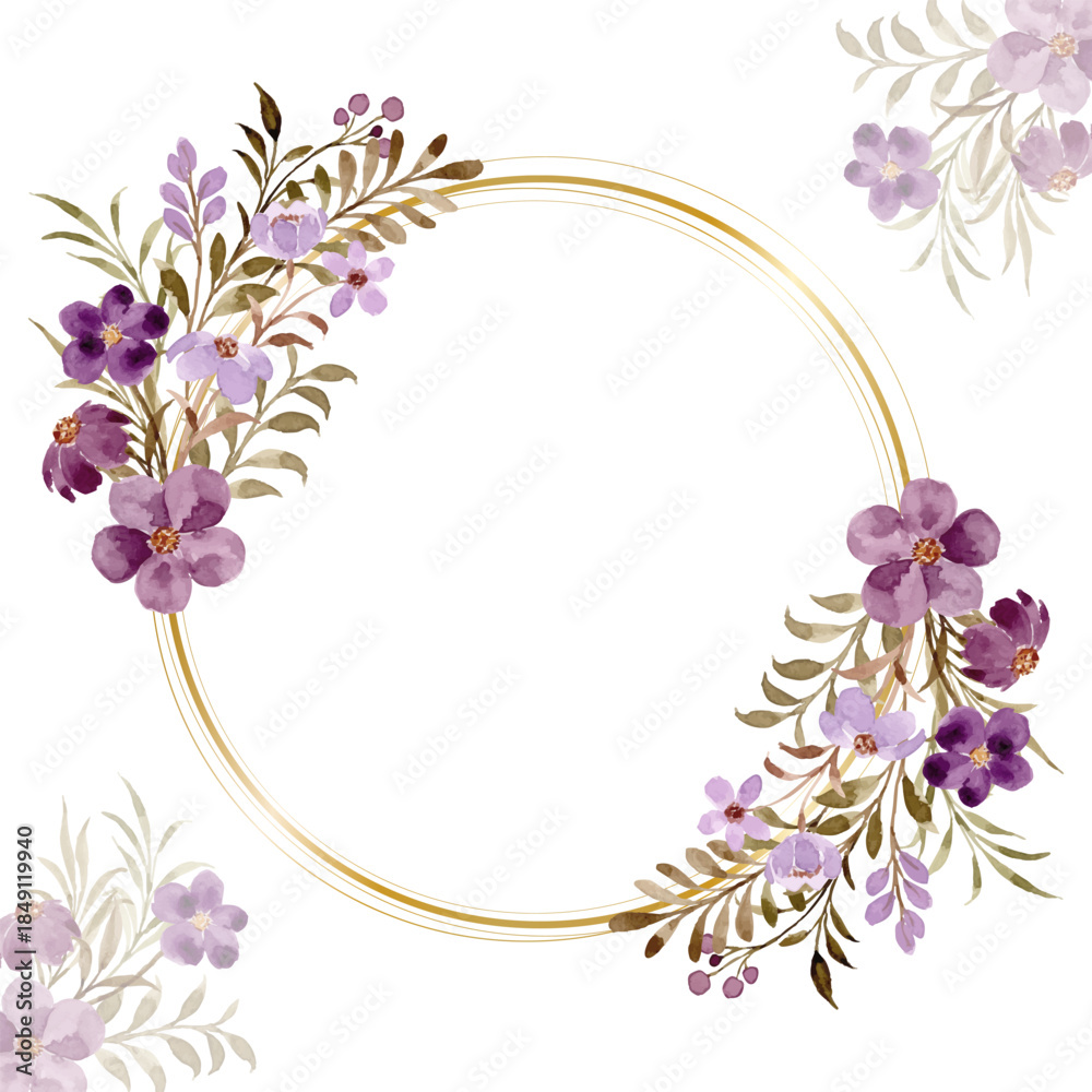Obraz premium Watercolor Purple Floral Golden Circle Wreath Frame