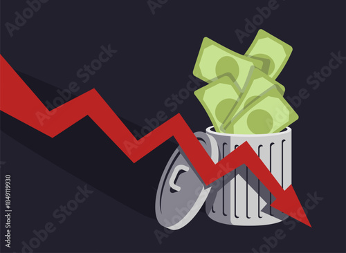 Inflation and financial loss concept with money thrown into trash