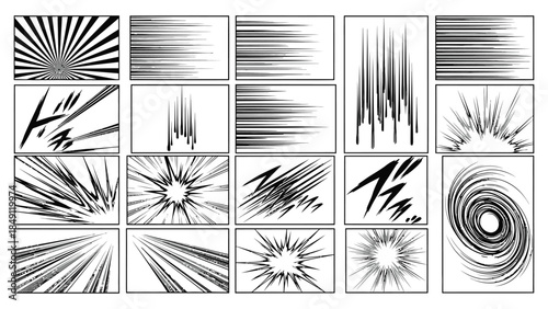 Set of black and white vector illustrations featuring comic book-style speed lines, radial explosion, and impact effects for graphic design and manga art
