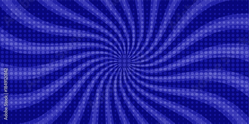 Blue Comic Pop Art Background with Sunburst Rays and Halftone Dot Pattern