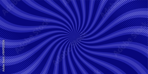 Dark Blue Comic Spiral Background with Dynamic Sunburst Swirl and Halftone Accents