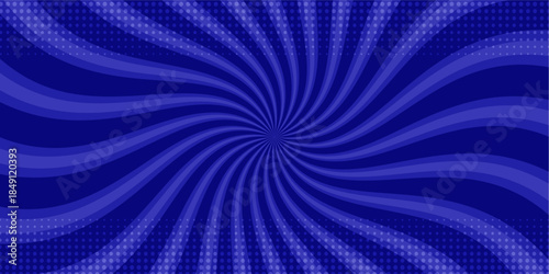 Blue Comic Style Radial Spiral Sunburst Background with Halftone Pattern