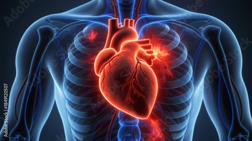 Anatomical illustration of a human heart beating within a transparent torso.